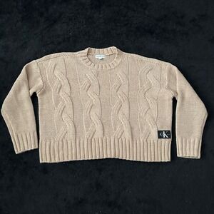 Calvin Klein Sweater Womens Small Beige Cable Knit Pullover Tan Logo Acrylic